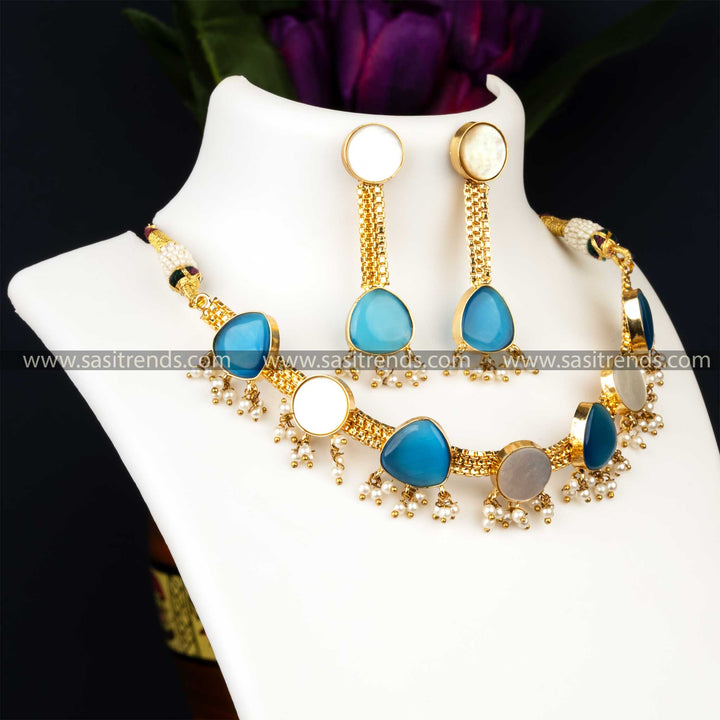 Attractive Gold Plated Blue Monalisa Stone And Mother Of Pearl Necklace With Earrings Jewellery Set