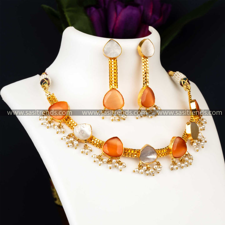 Party Wear Gold Plated Peach Monalisa Stone And Mother Of Pearl Necklace With Earrings Jewellery Set