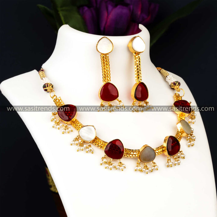 Timeless Elegance Gold Plated Vinous Monalisa Stone And Mother Of Pearl Necklace With Earrings Jewellery Set