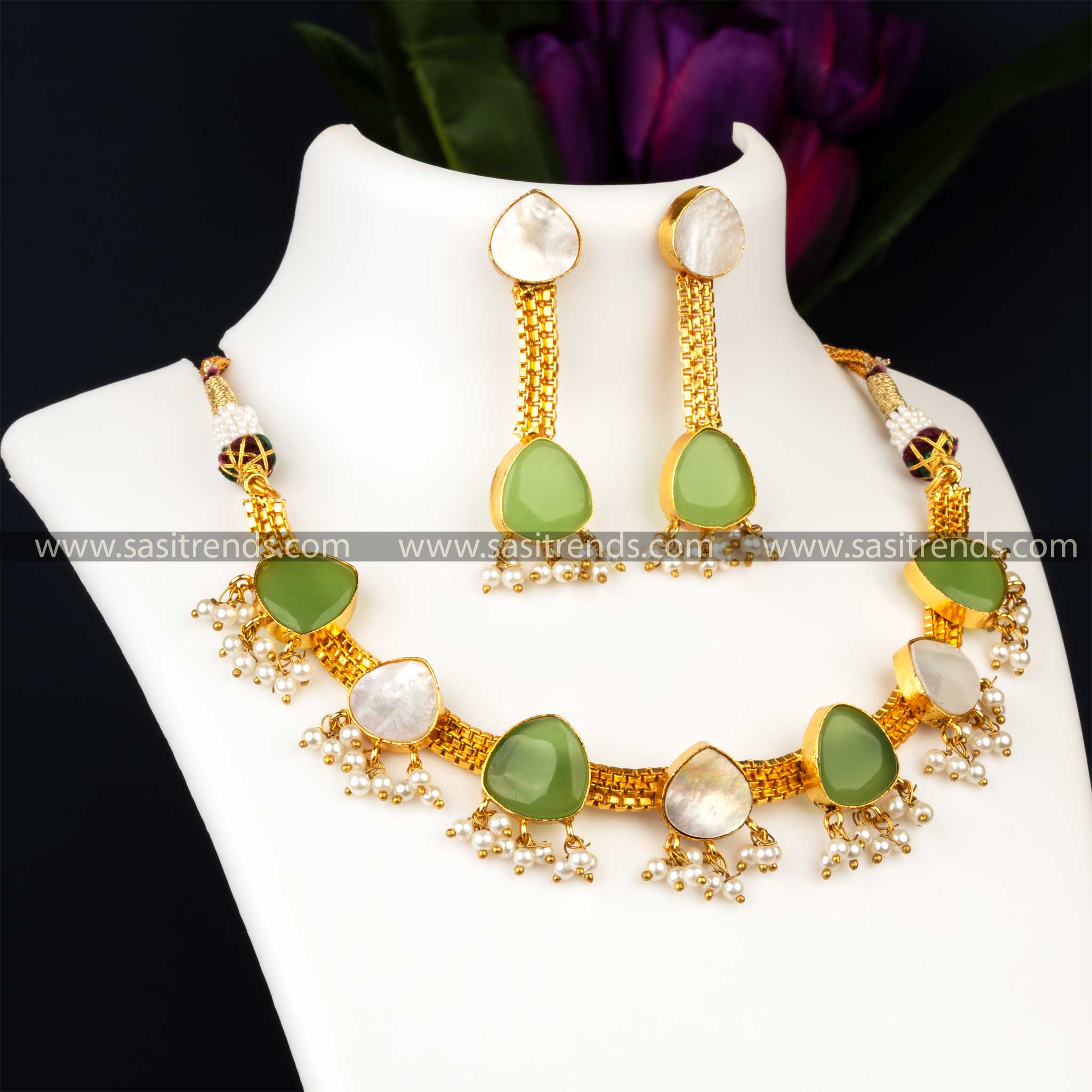 Trendy Gold Plated Green Monalisa Stone And Mother Of Pearl Necklace With Earrings Jewellery Set