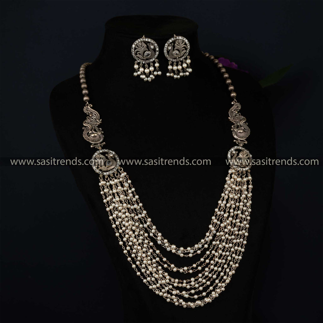 Trendy Silver Look Alike AD Stone Studded Pearl Necklace With Earrings Jewellery Set