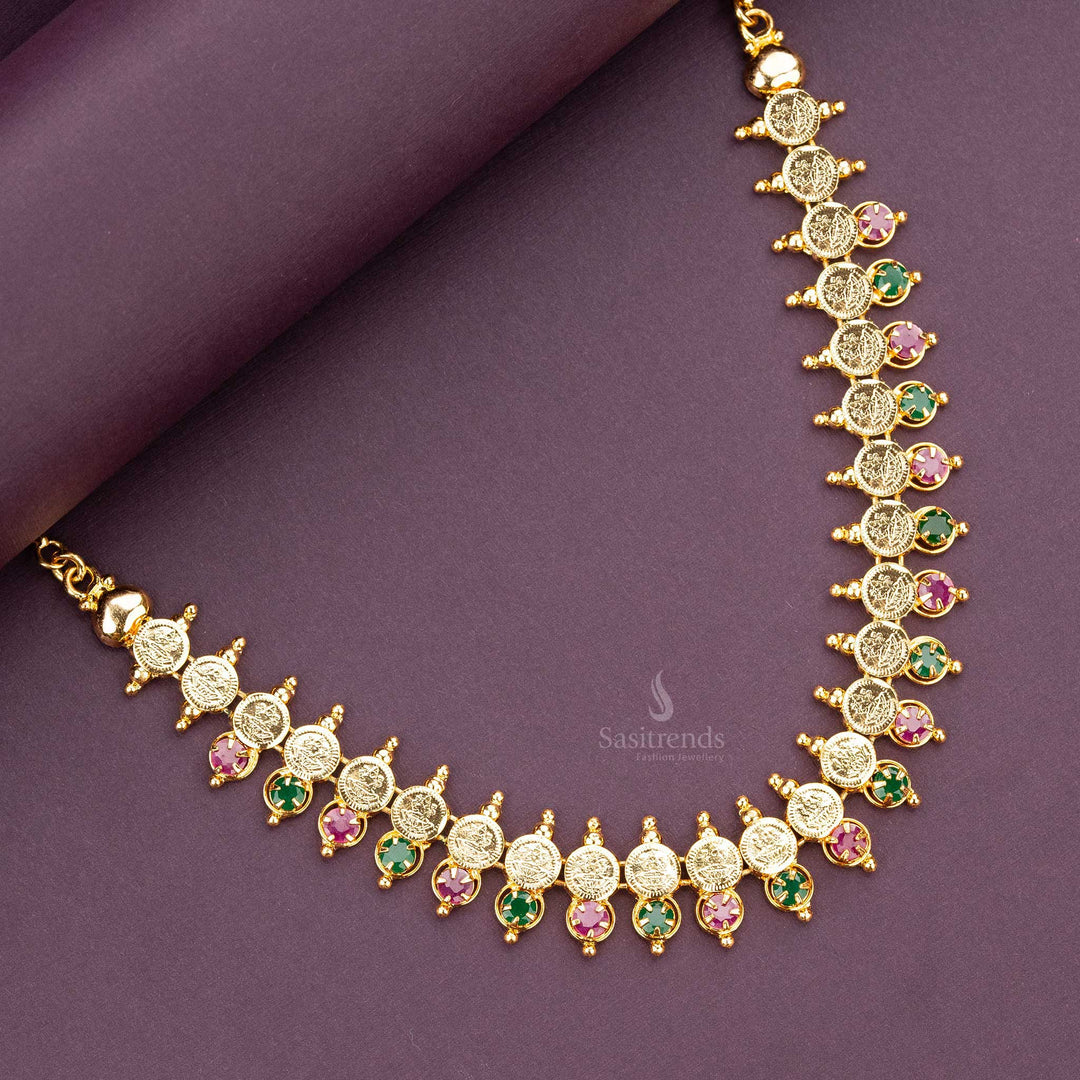 One gram gold ruby-green Lakshmi coin necklace with 1-year guaranteed gold-plated finish