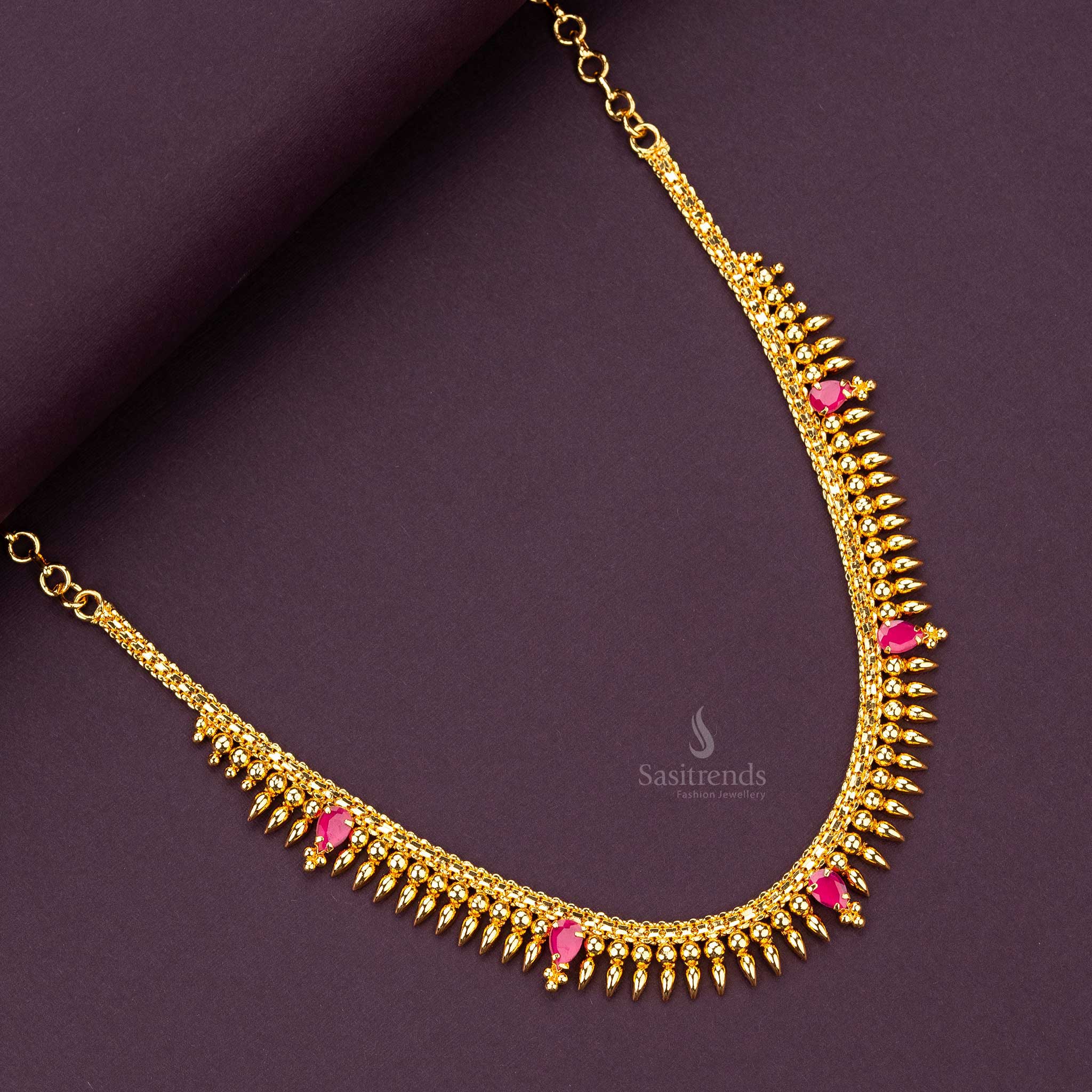 Traditional Kerala ruby AD stone spiked necklace with micro gold finish