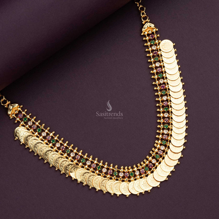 Sasitrends - Traditional Micro Gold Plated Lakshmi Kasu Coin Necklace with AD Stones Stud - Sasitrends