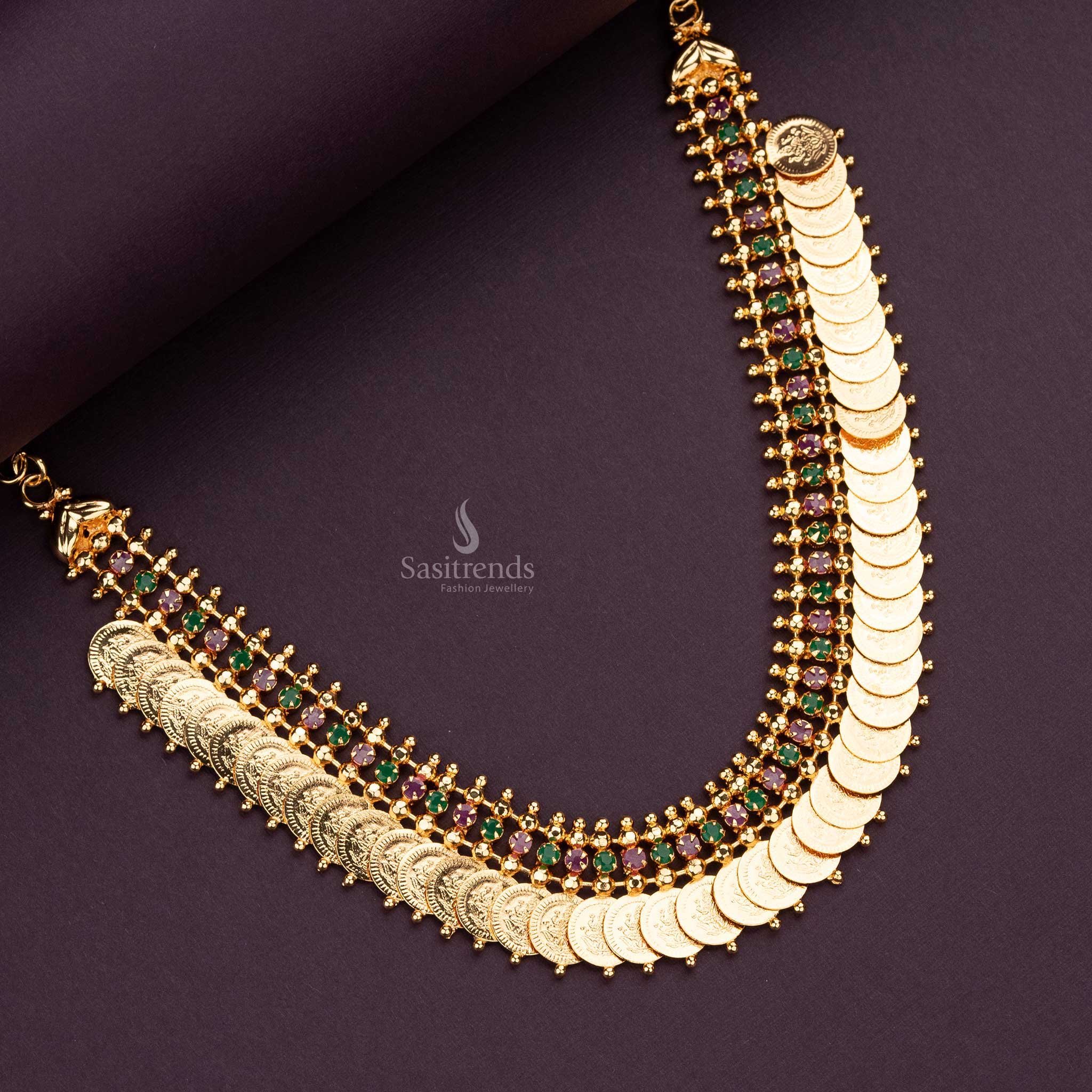 Sasitrends - Traditional Micro Gold Plated Lakshmi Kasu Coin Necklace with AD Stones Stud - Sasitrends