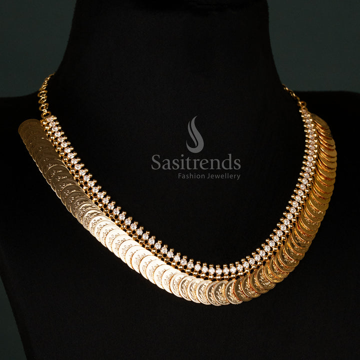 Timeless micro gold-plated Lakshmi coin short necklace with delicate white stone embellishments, designed for temple wear and grand festive occasions - Sasitrends