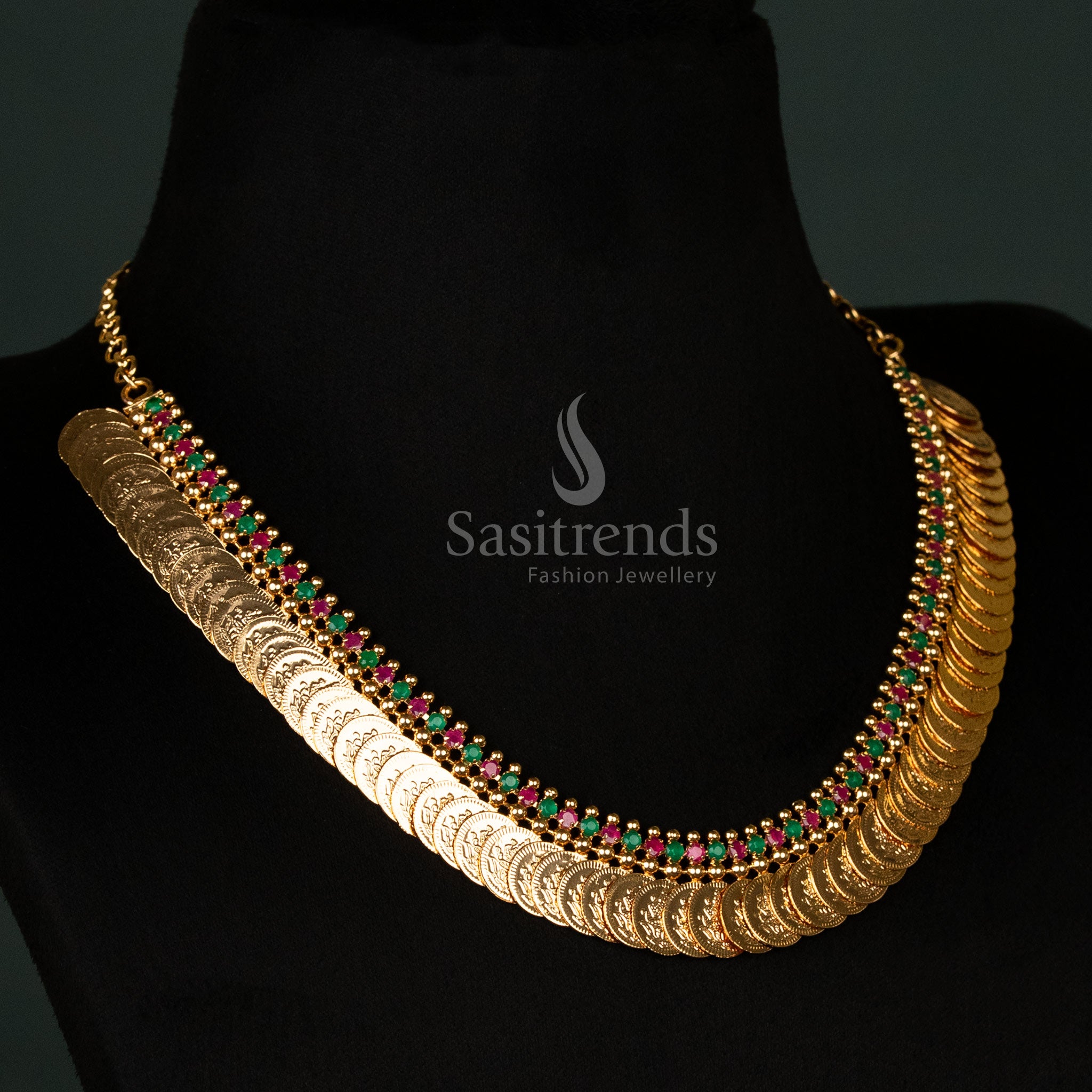 Heritage-style temple short necklace with micro gold plating, showcasing divine Lakshmi coins adorned with ruby-green American diamonds for an elegant ethnic appearance - Sasitrends