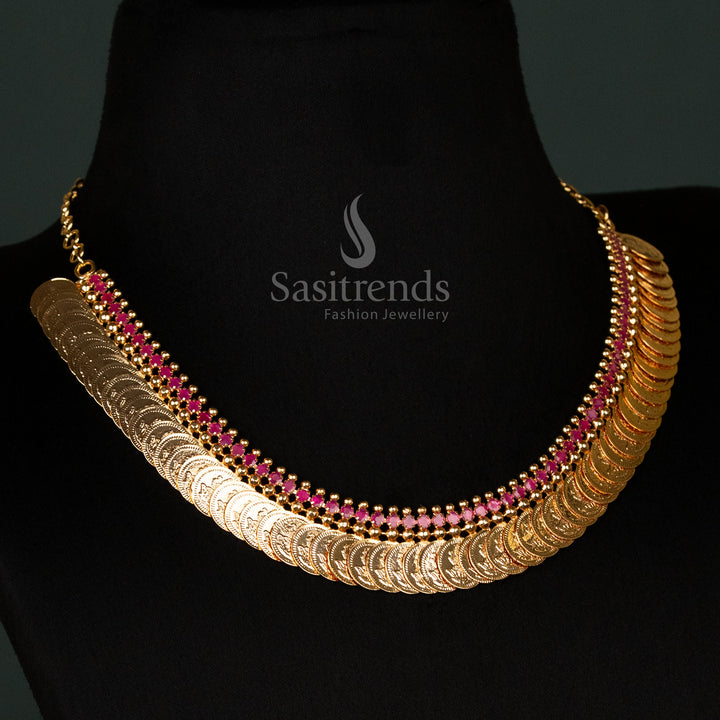 Exquisite temple wear short necklace crafted in micro gold plating, showcasing divine Lakshmi coins embellished with rich ruby stones - Sasitrends