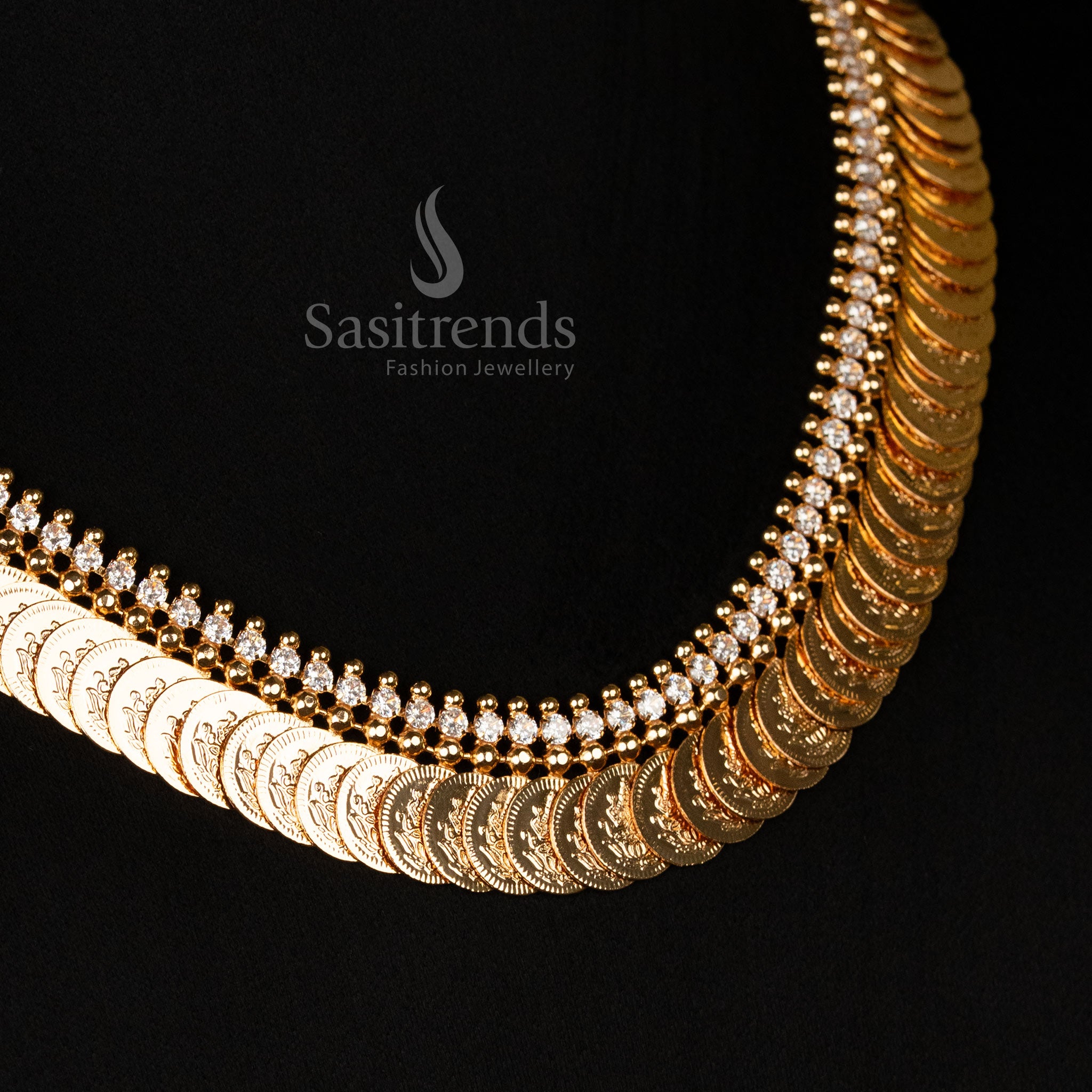 Elegant micro gold-plated Lakshmi coin short necklace, adorned with white American diamonds - Sasitrends