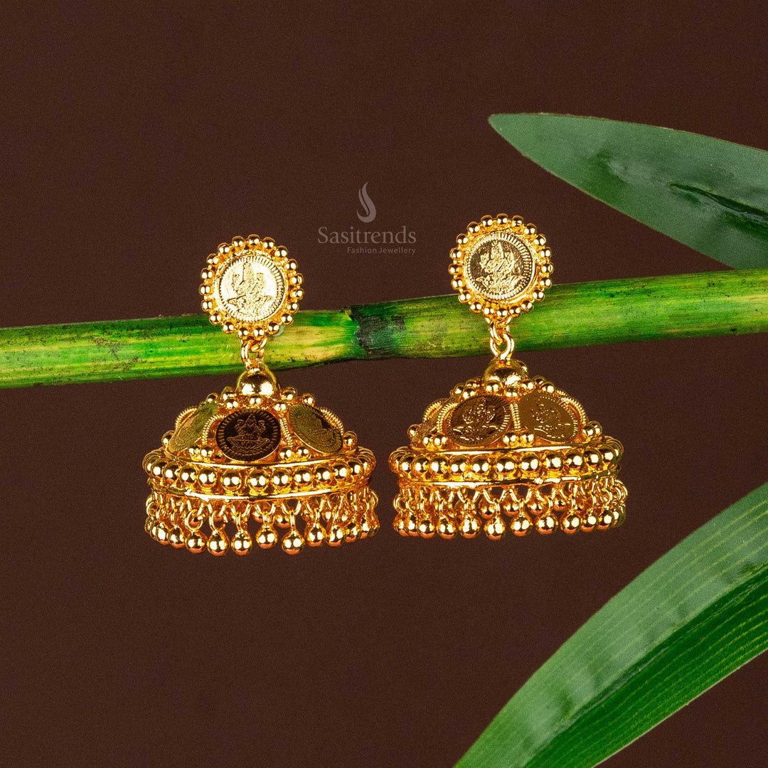 Elegant Kerala Style Lakshmi Kasu Jhumka Earrings - Micro Gold Plated 