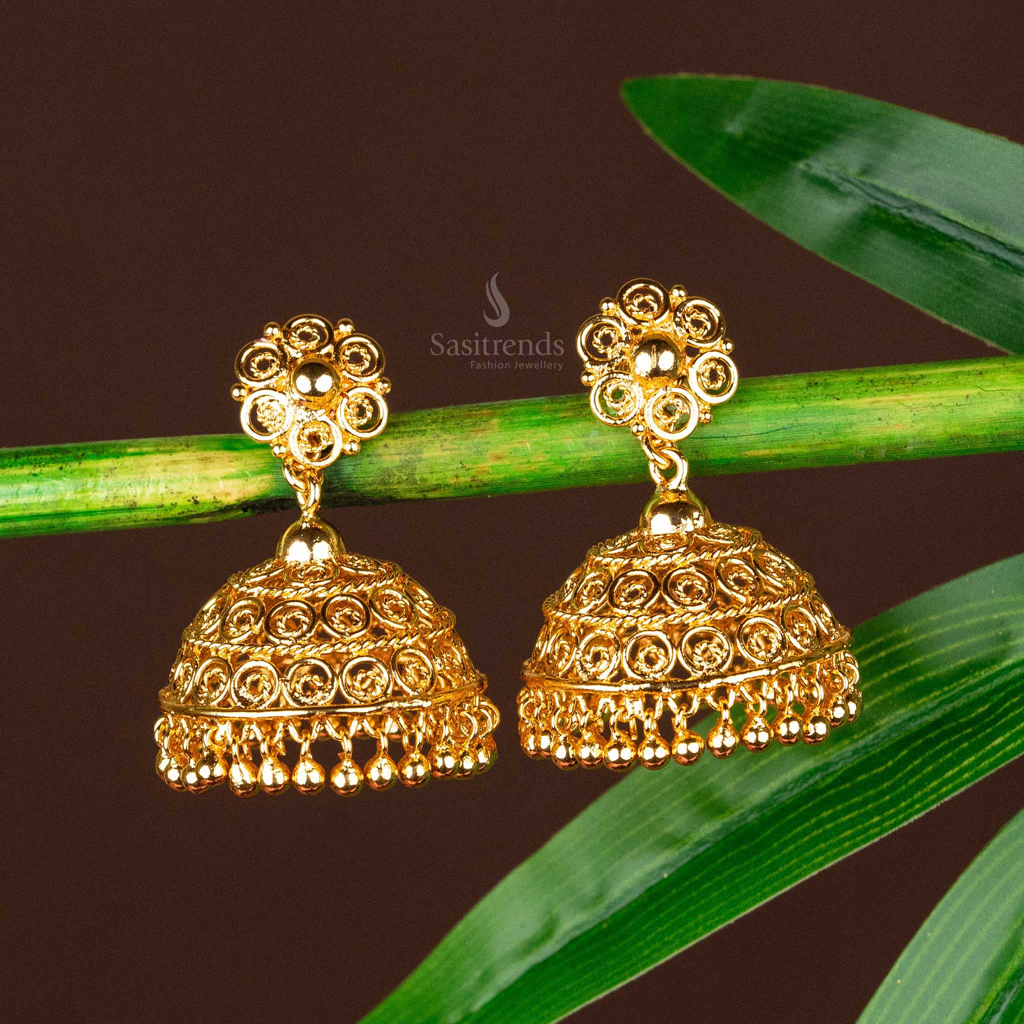 Traditional micro gold jhumka earrings styled with ethnic wear - Sasitrends