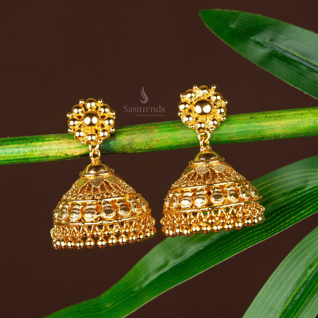 Bridal gold plated jhumka earrings with elegant beadwork, perfect for ethnic wear - Sasitrends