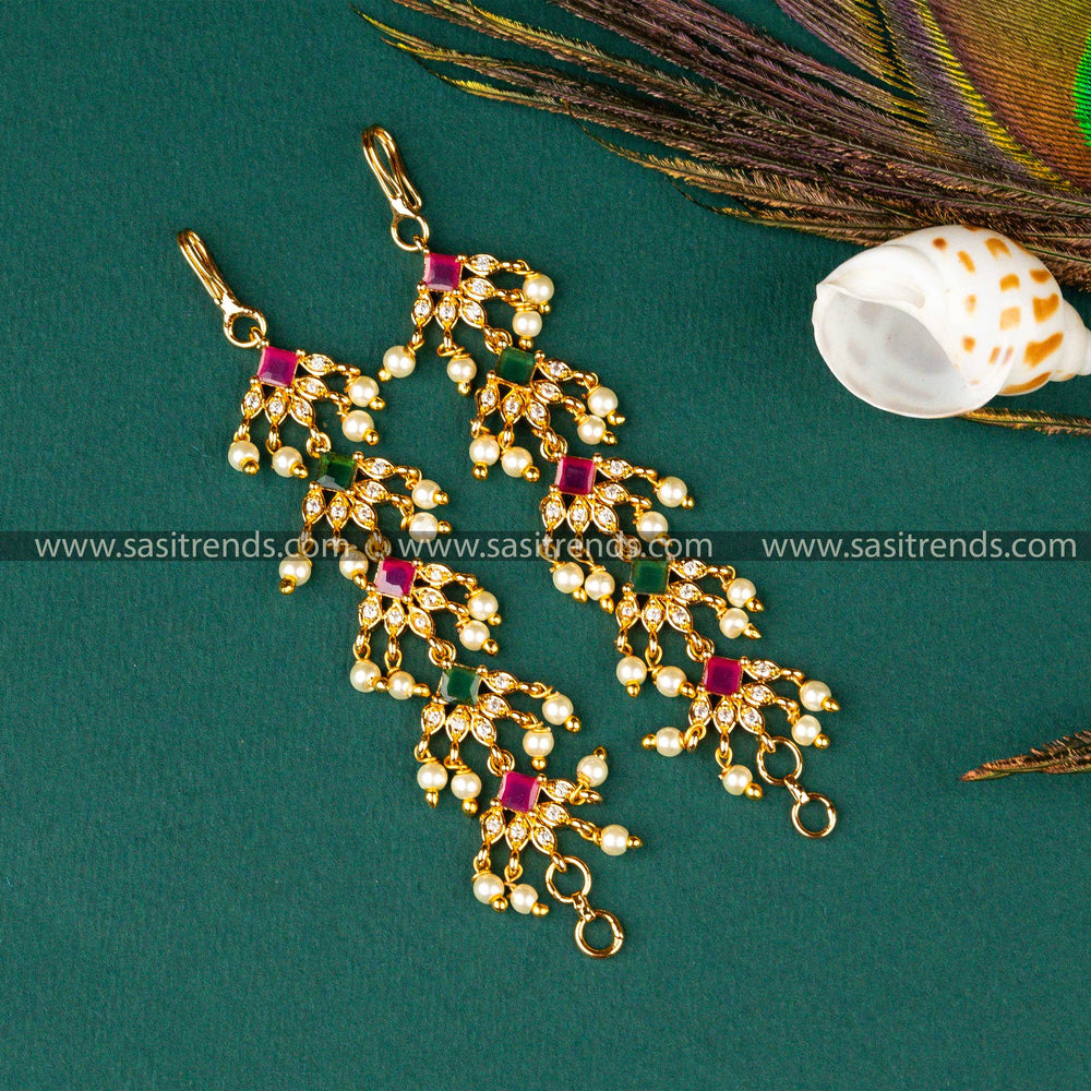 Traditional Wear Guaranteed Micro Gold Plated AD Stone Studded Diamond Shaped Designer Pearl Matil Ear Chain