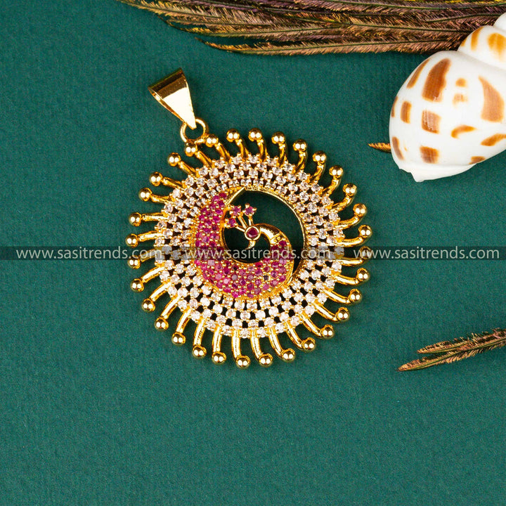 Latest Traditional Micro Gold Plated Peacock Designer White Ruby AD Stone Pendant Sasitrends Online Shopping