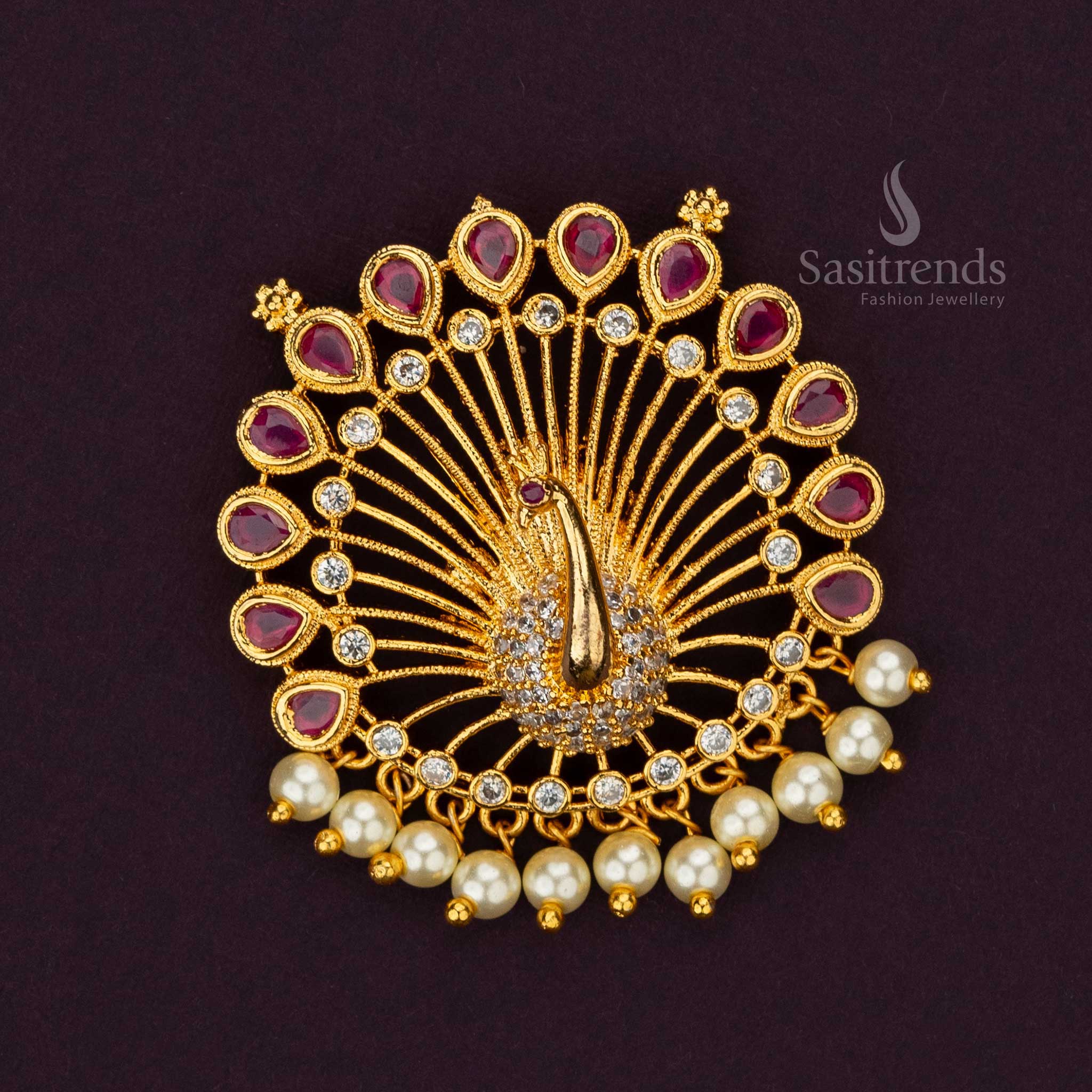 Elegant micro gold plated peacock pendant set with white ruby AD stones - Sasitrends