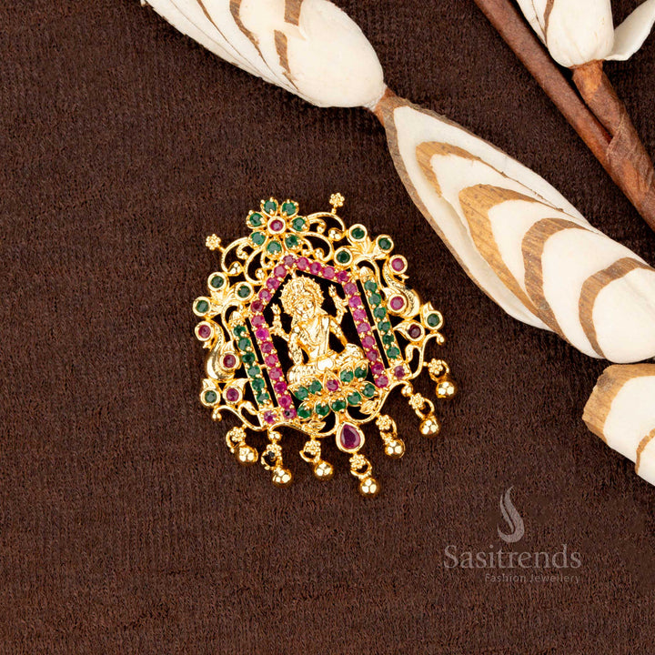 Traditional Micro Gold Plated Lakshmi Pendant with Intricate Design, AD Stones, and Hanging Beads – 24 Carat Pure Gold Look - Sasitrends