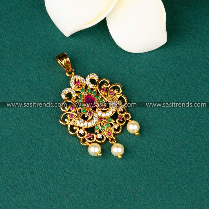 Attractive Matt Gold Plated Two Peacock Flower Designer AD Stone Small Pendant Sasitrends Online Shopping