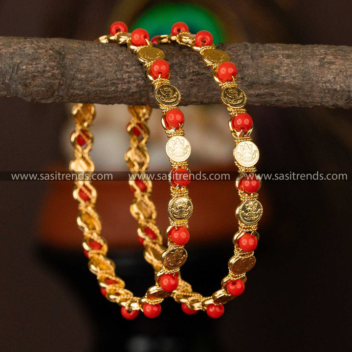 Traditional Micro Gold Plated Lakshmi Pavalam Beads Stone Studded Bangles - Sasitrends