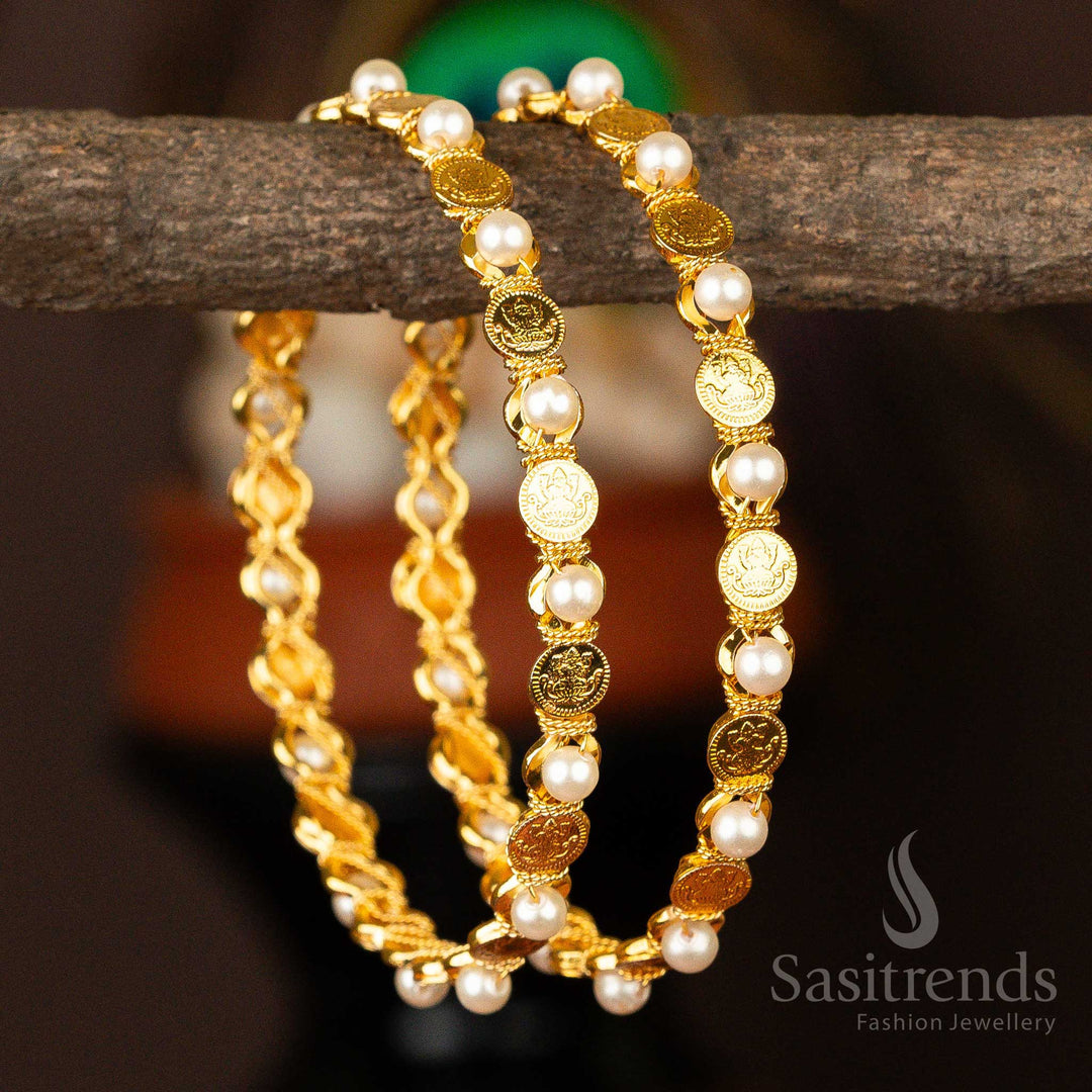 Traditional Micro Gold Plated Lakshmi White Pavalam Stone Studded Bangles – Antique Temple Jewellery with Ethnic Design and Divine Elegance - Sasitrends