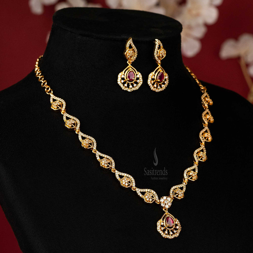 Graceful American Diamond teardrop Jewellery set with white and ruby stones 