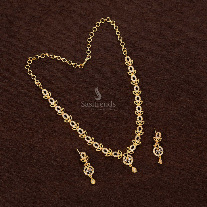 Traditional Micro Gold Plated White American Diamond Leaf Motif Necklace Set - Sasitrends