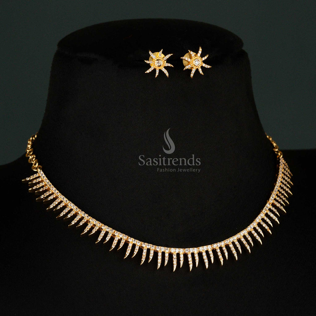 Elegant American Diamond micro gold plated necklace set with spiked details and symmetrical design, look like real gold - Sasitrends