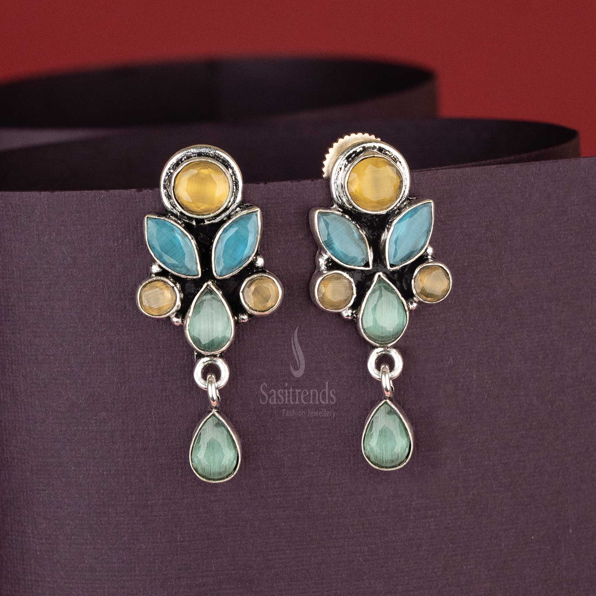 Trendy Oxidised yellow Blue Stone Floral Designer Push Back Earrings Sasitrends