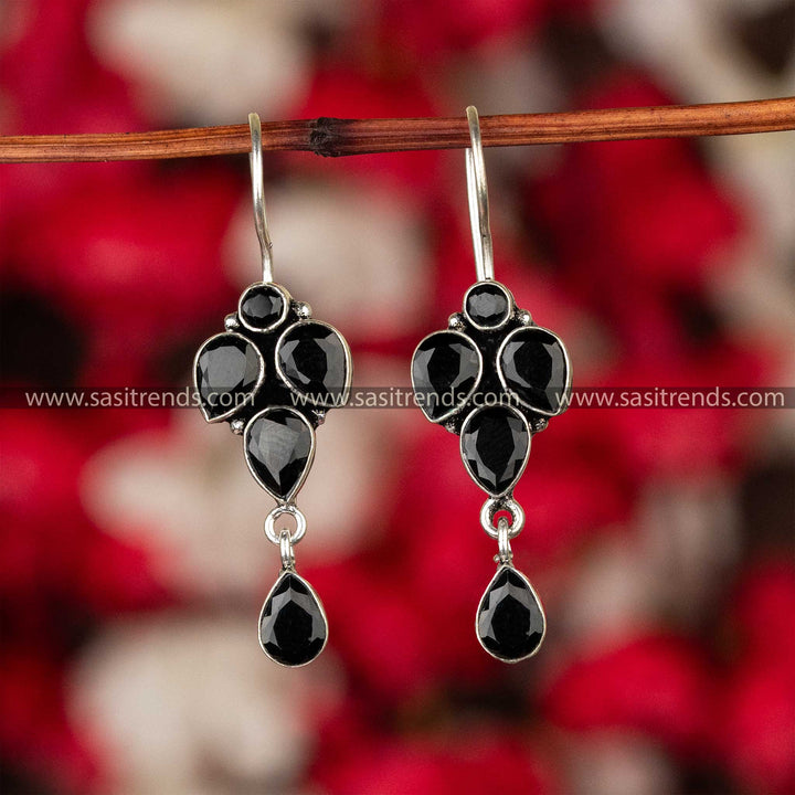 Onyx black gemstone dangle earrings in vintage oxidized silver