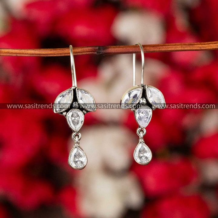 Clear Glittering Stone Studded Fish Hook Earrings