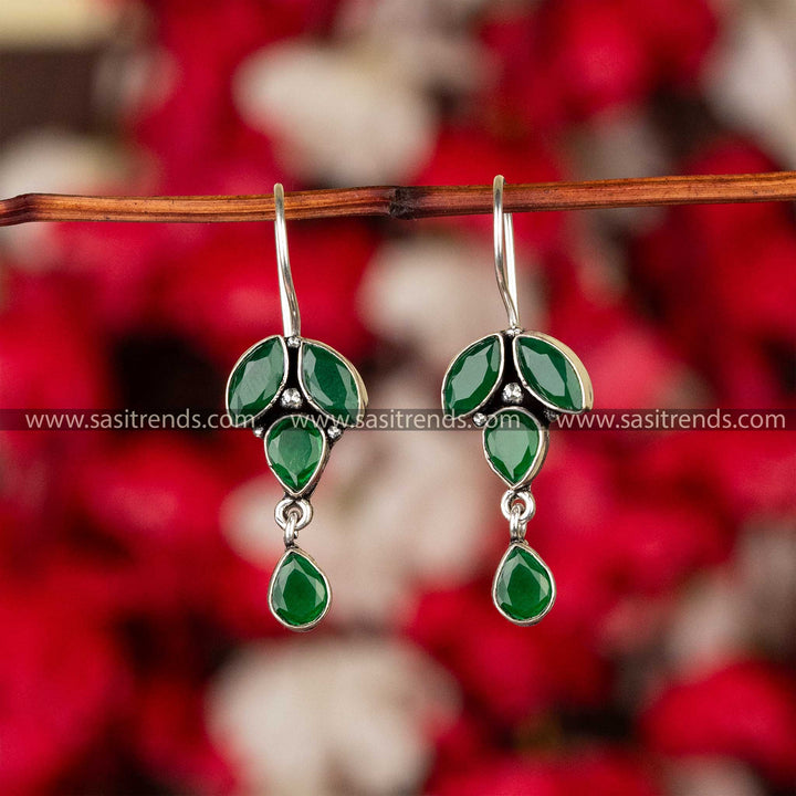 Green Glittering Stone Studded Fish Hook Earrings