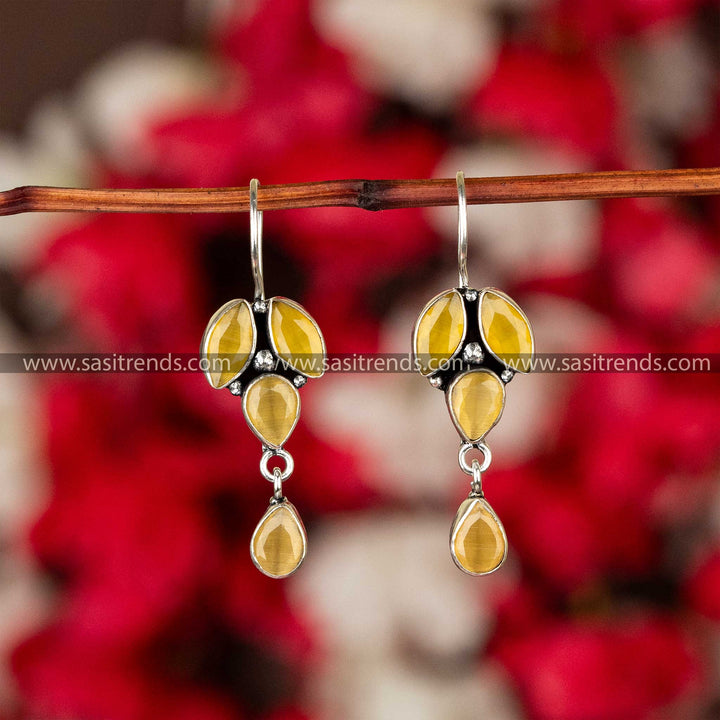 Yellow Glittering Stone Studded Fish Hook Earrings