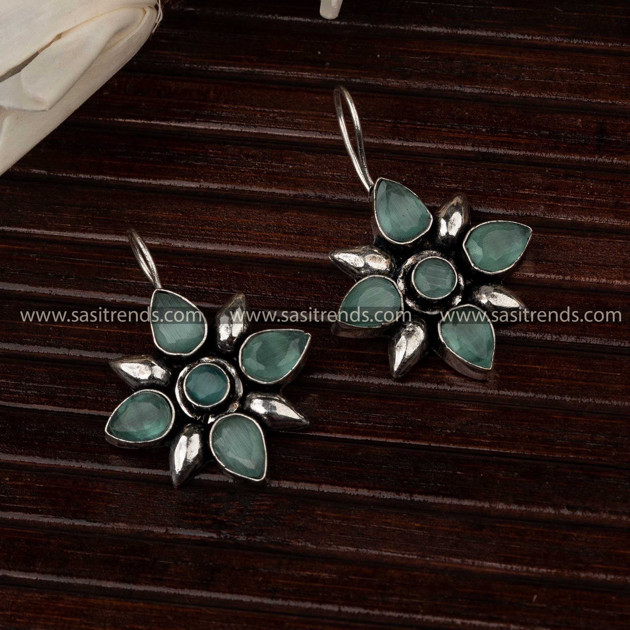 Flower Designer Mint Stone Stud Oxidised Earrings Ideal For Navarathiri Look Sasitrends