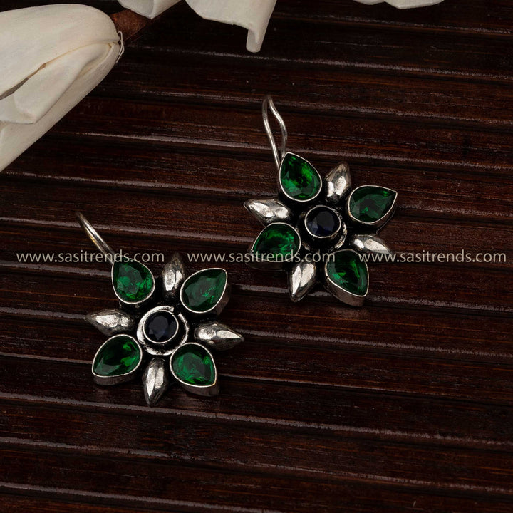 Glossy Green Center Black Stone Stud Oxidised Earrings Navarathiri Festive Jewellery Sasitrends Online