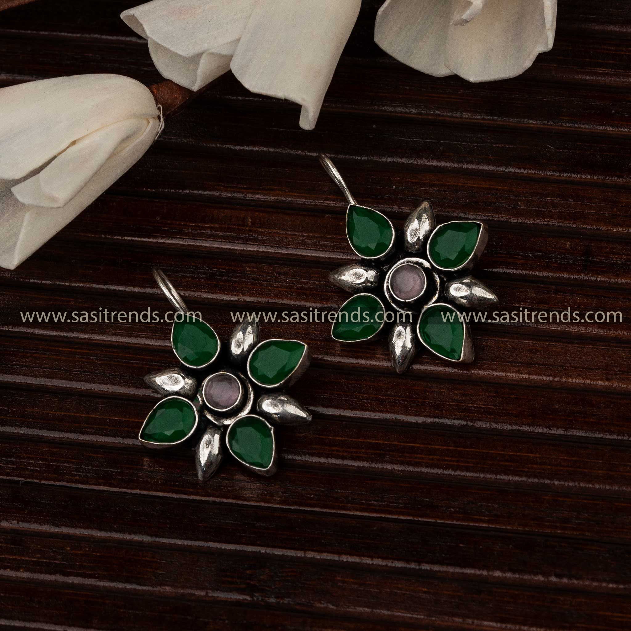 Green Stone Oxidised Fish Hook Earrings Ideal For Navarathiri Ethnic Wear 