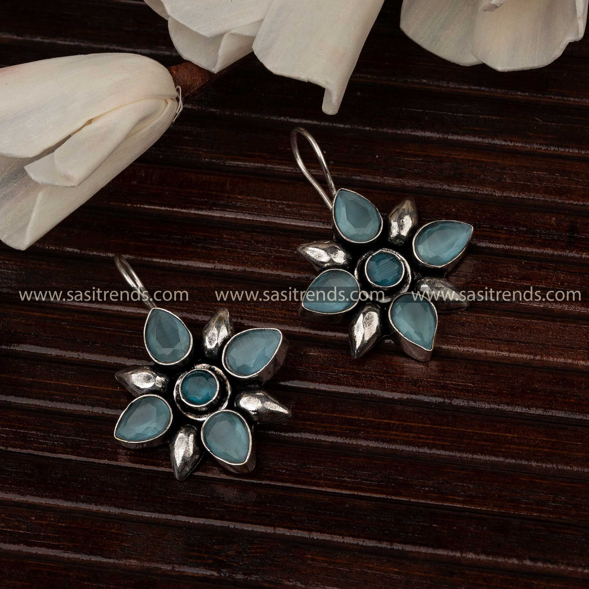 Latest Oxidised Floral Designer Sky Blue Stones Navarathiri Special Earrings Sasitrends Online Shopping