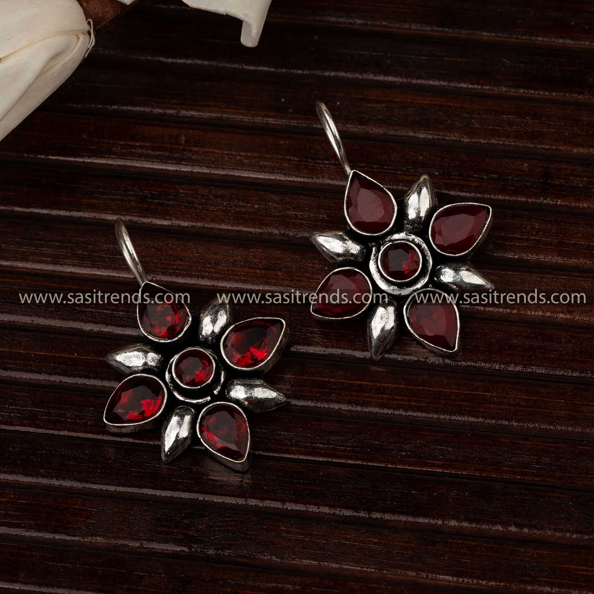 Red Floral Stone Oxidised Earrings For Navarathiri Celebrations Sasirernds Online Shopping