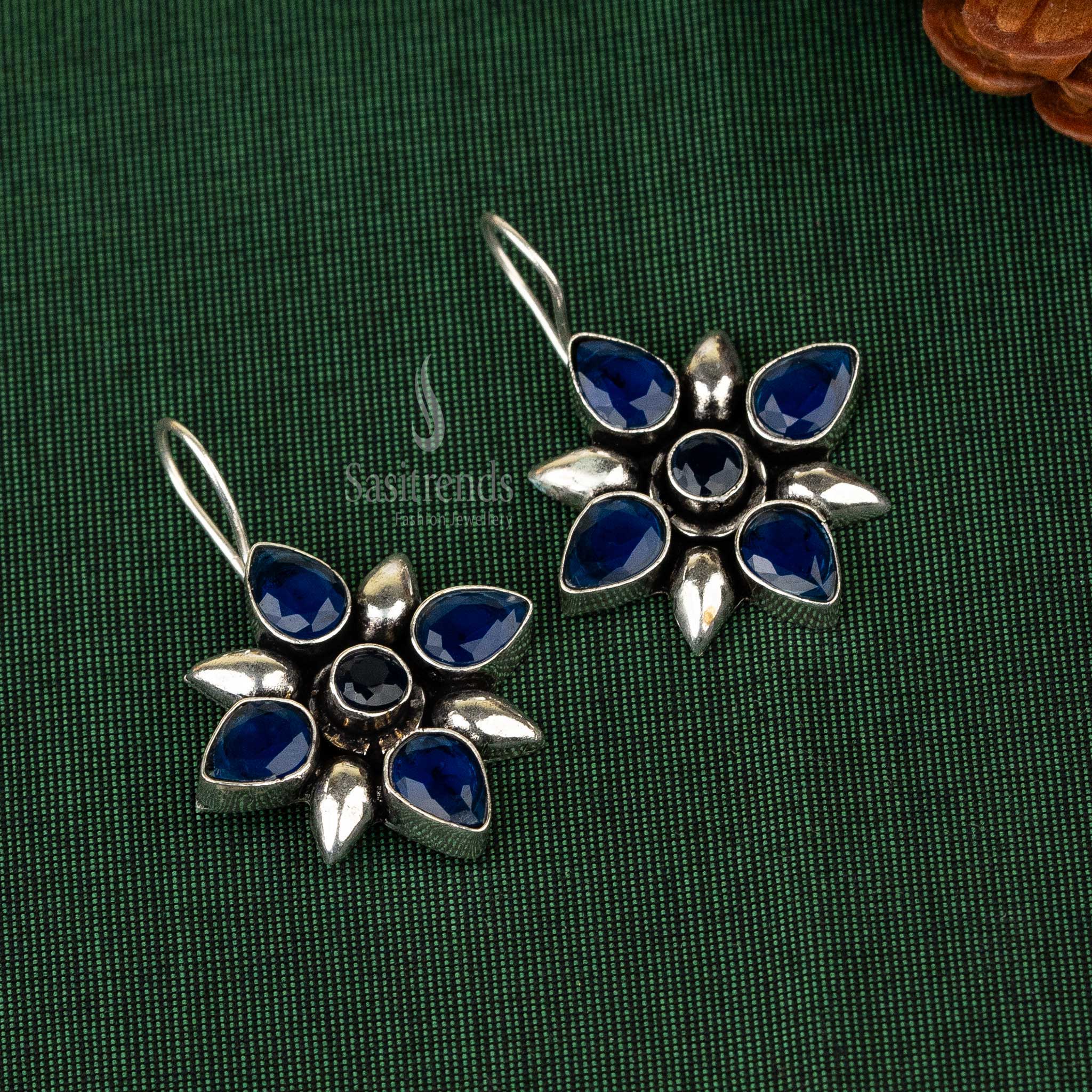 Trendy Oxidised Deep Blue Stone Stud Fish Hook Earrings Sasitrends Navarathiri Special Online Shopping