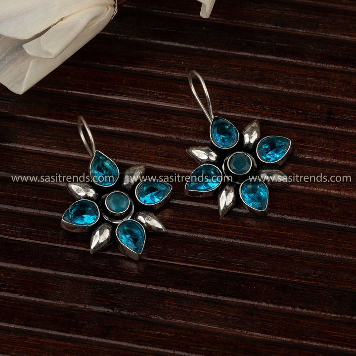 Trendy Oxidised Ocean Blue Stone Stud Fish Hook Earrings Sasitrends Navarathiri Special