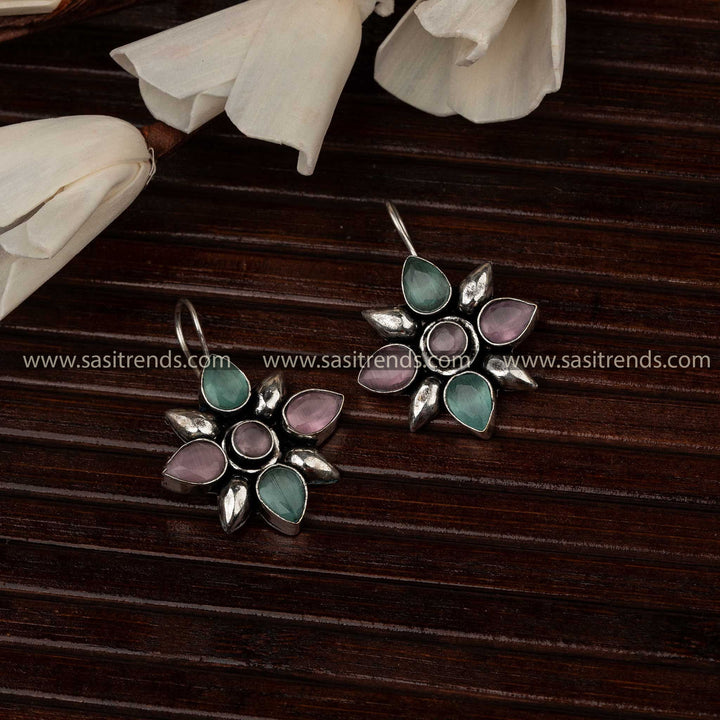 Trendy Oxidised Pink Mint Stone Stud Flower Designer Fish Hook Earrings Sasitrends