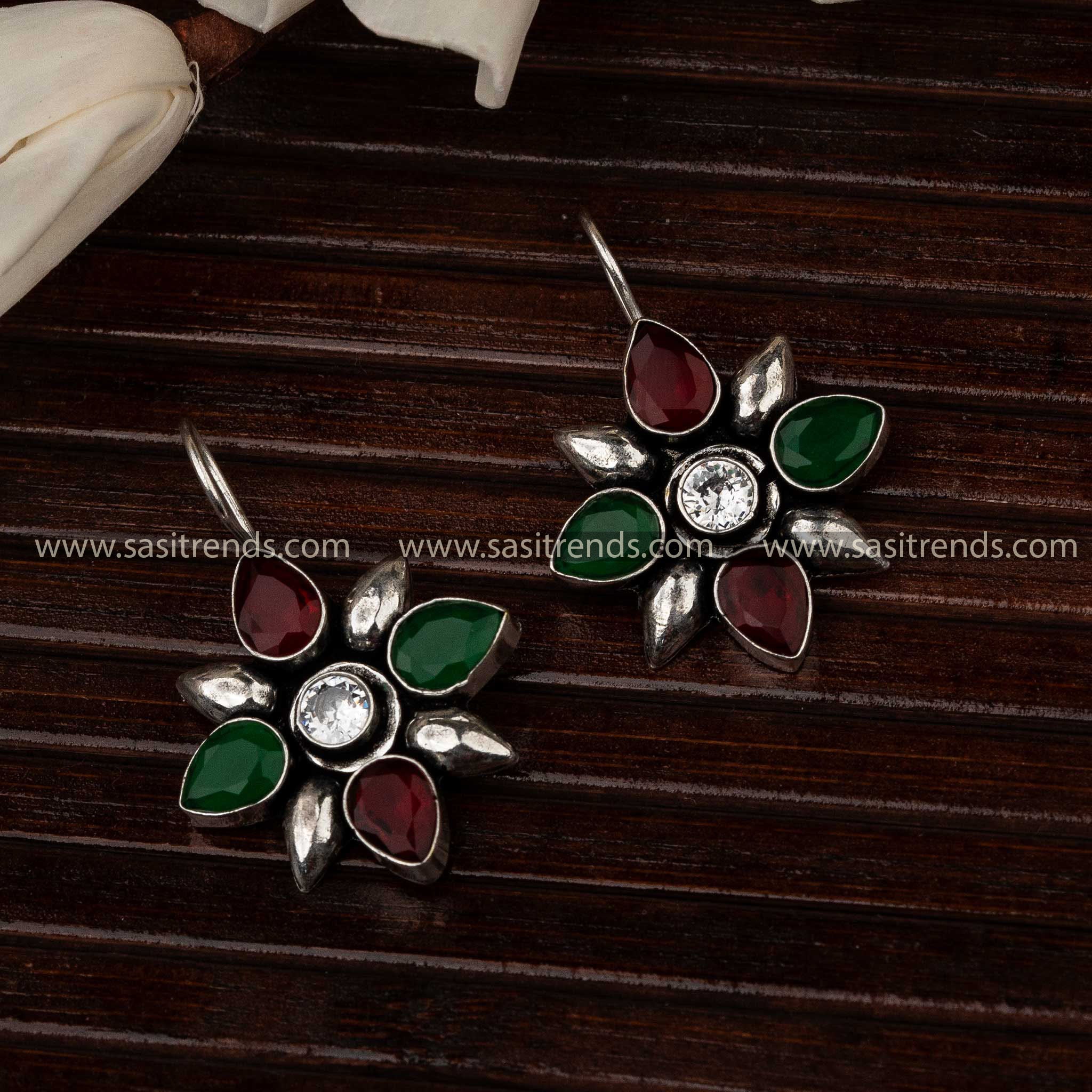 Trendy Oxidised Ruby Green Stone Stud Fish Hook Earrings Perfect For Elegant Ethnic Ensembles