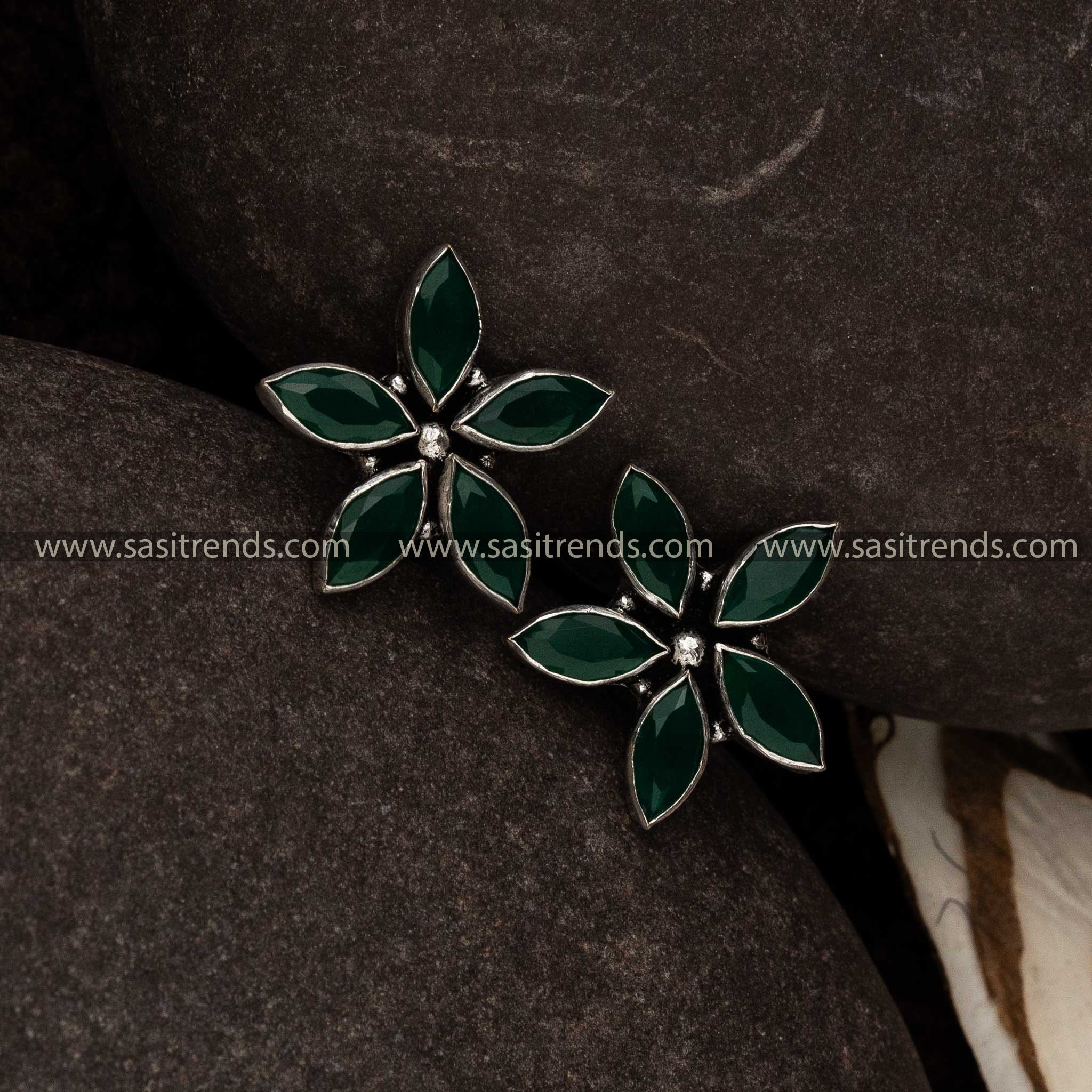 Latest Oxidised Flower Design Green Stone Stud Earrings Sasitrends Online Shopping