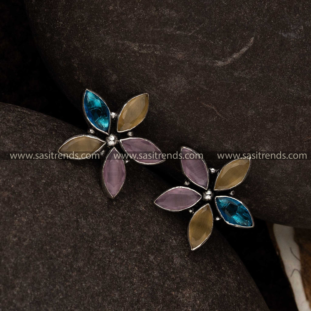 Multi Stone Stud Flower Designer Latest Oxidised Earrings Sasitrends Online