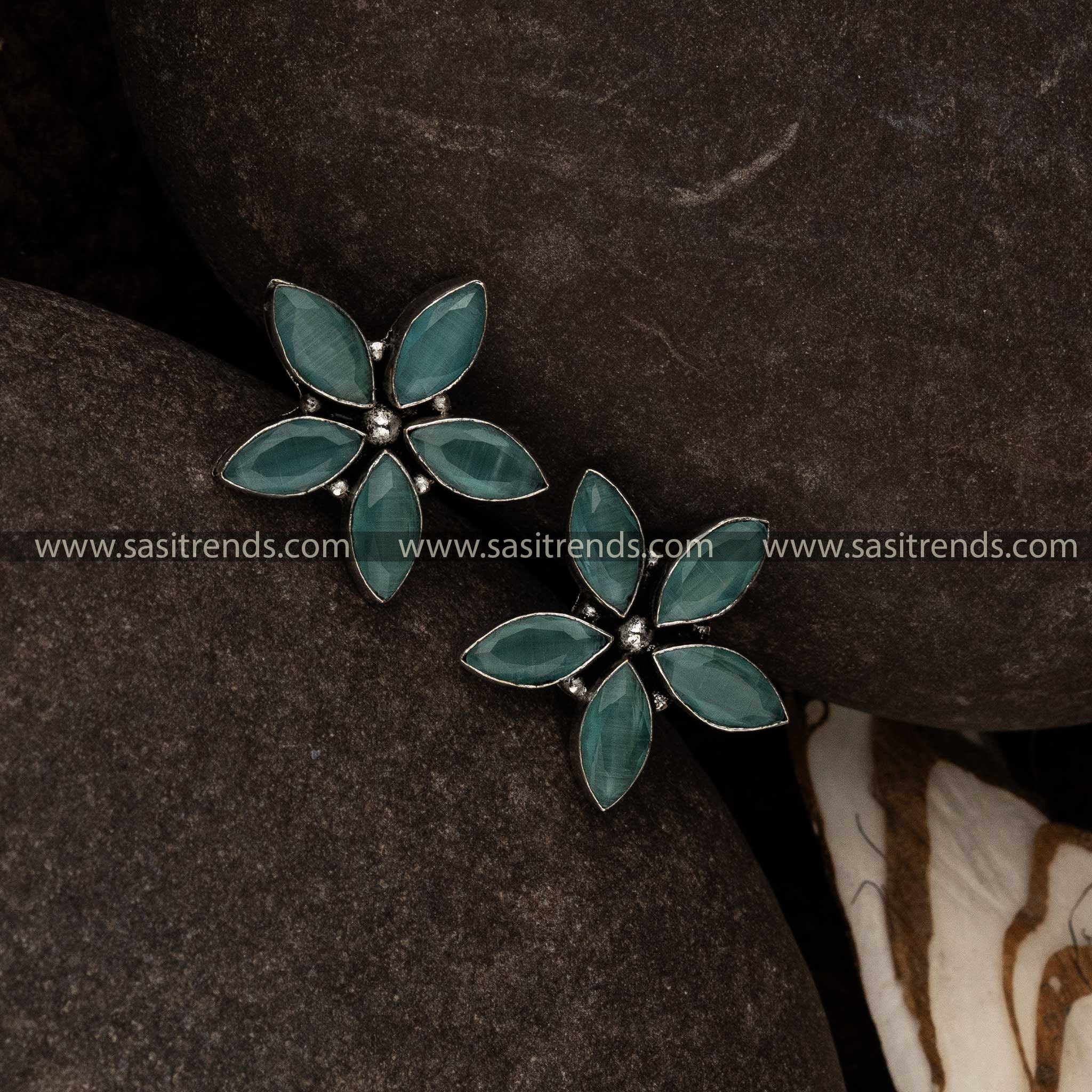 Sasitrends Elegance Oxidised Mint Stone Flower Earrings Online Shopping