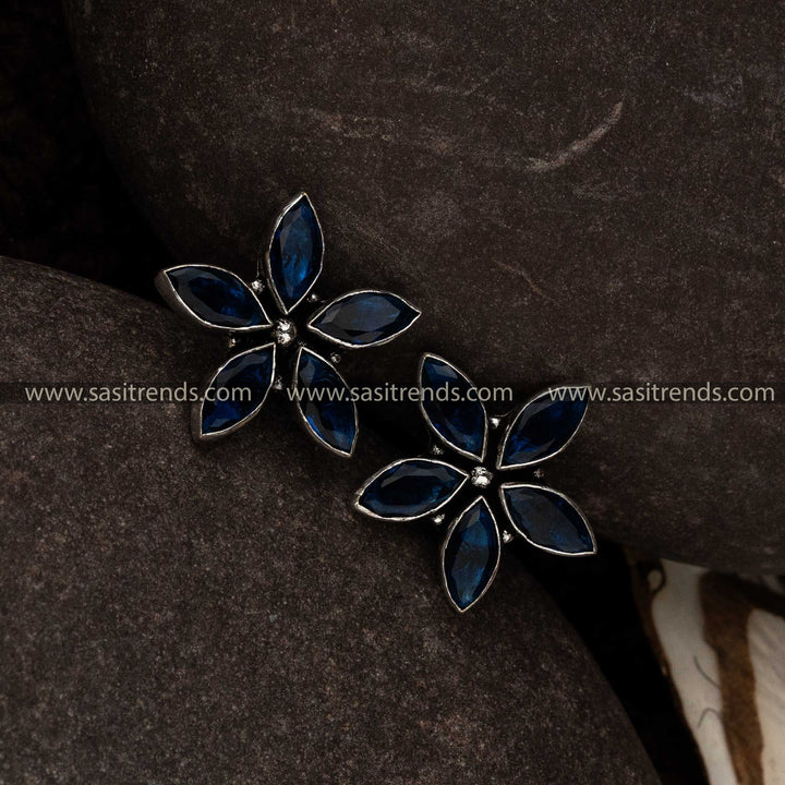 Sasitrends Oxidised Blue Stone Flower Designer Earrings Online Shopping