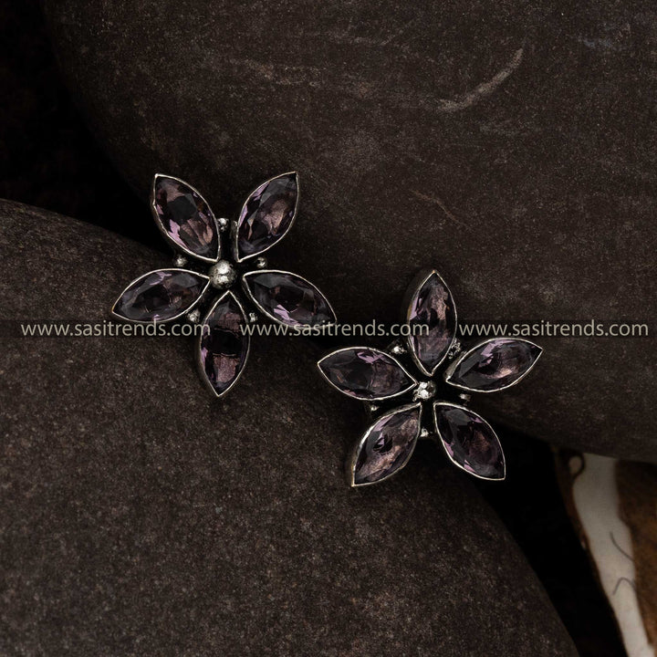 Sasitrends Oxidised Purple Stone Stud Flower Designer Earrings Online