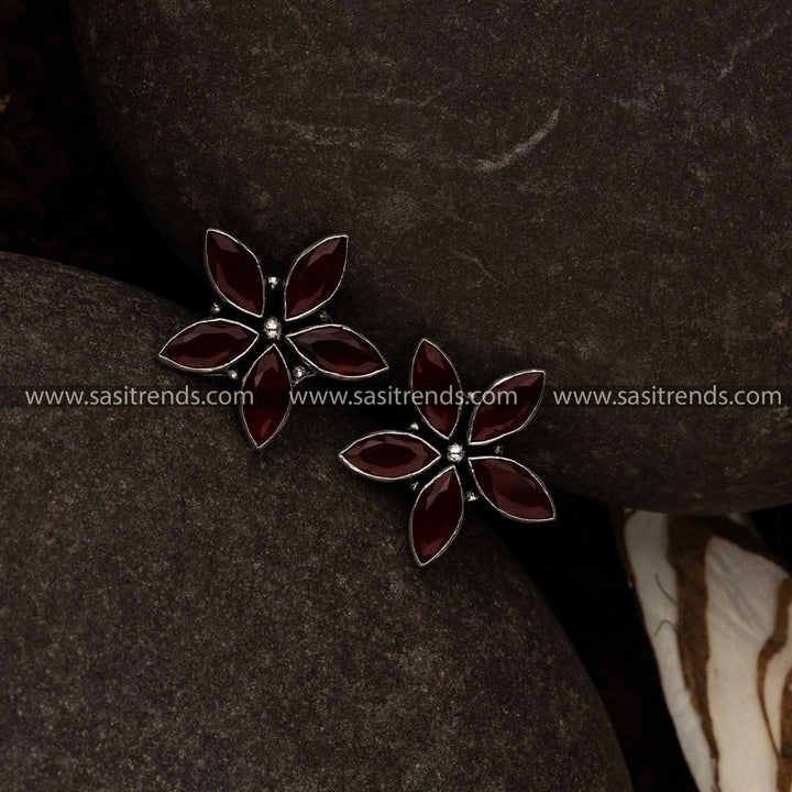 Trendy Oxidised Red Stone Stud Navarathiri Earrings Sasitrends Online