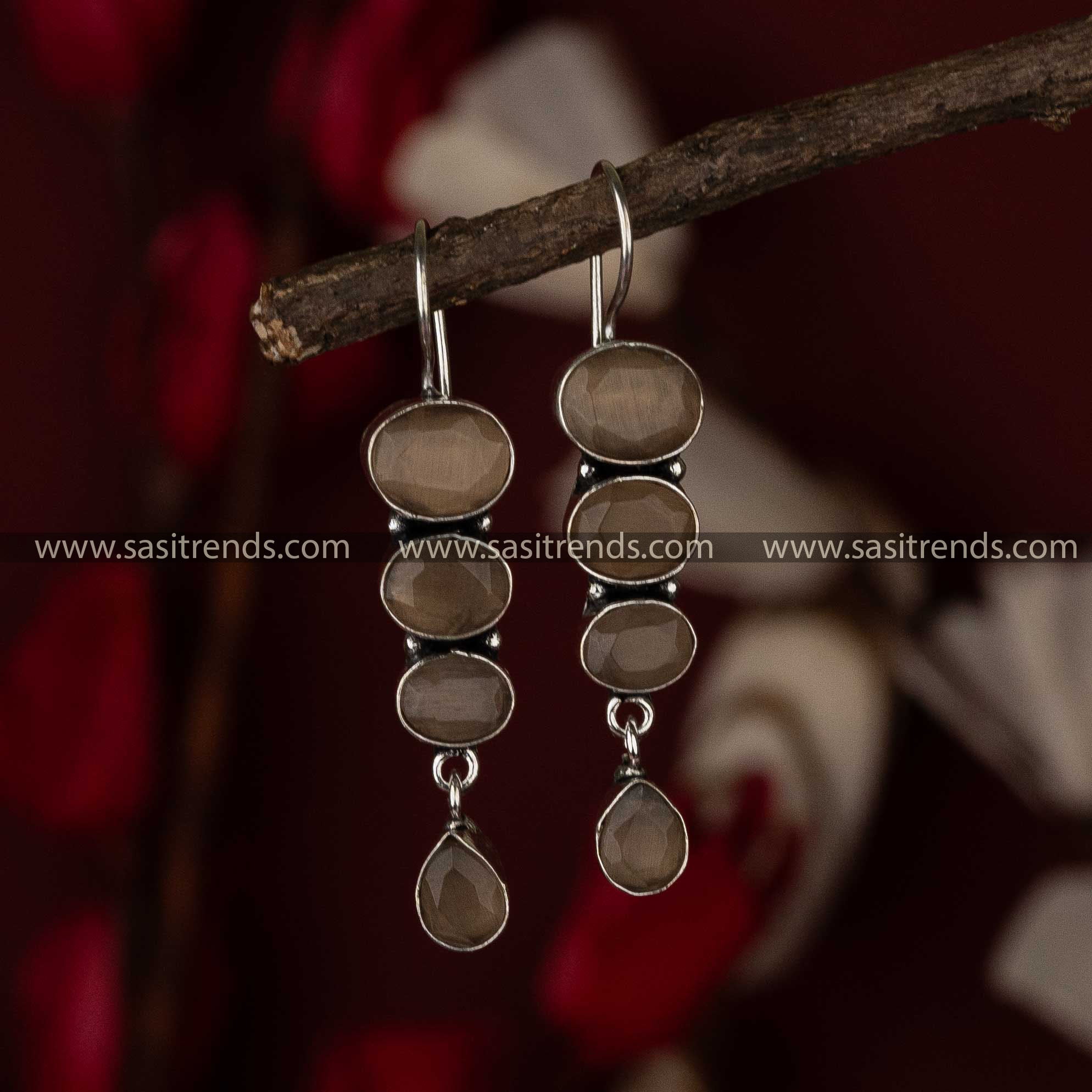 Latest Oxidised Drop Pattern Fish Hook Peach Stone Stud Earrings Sasitrends Online