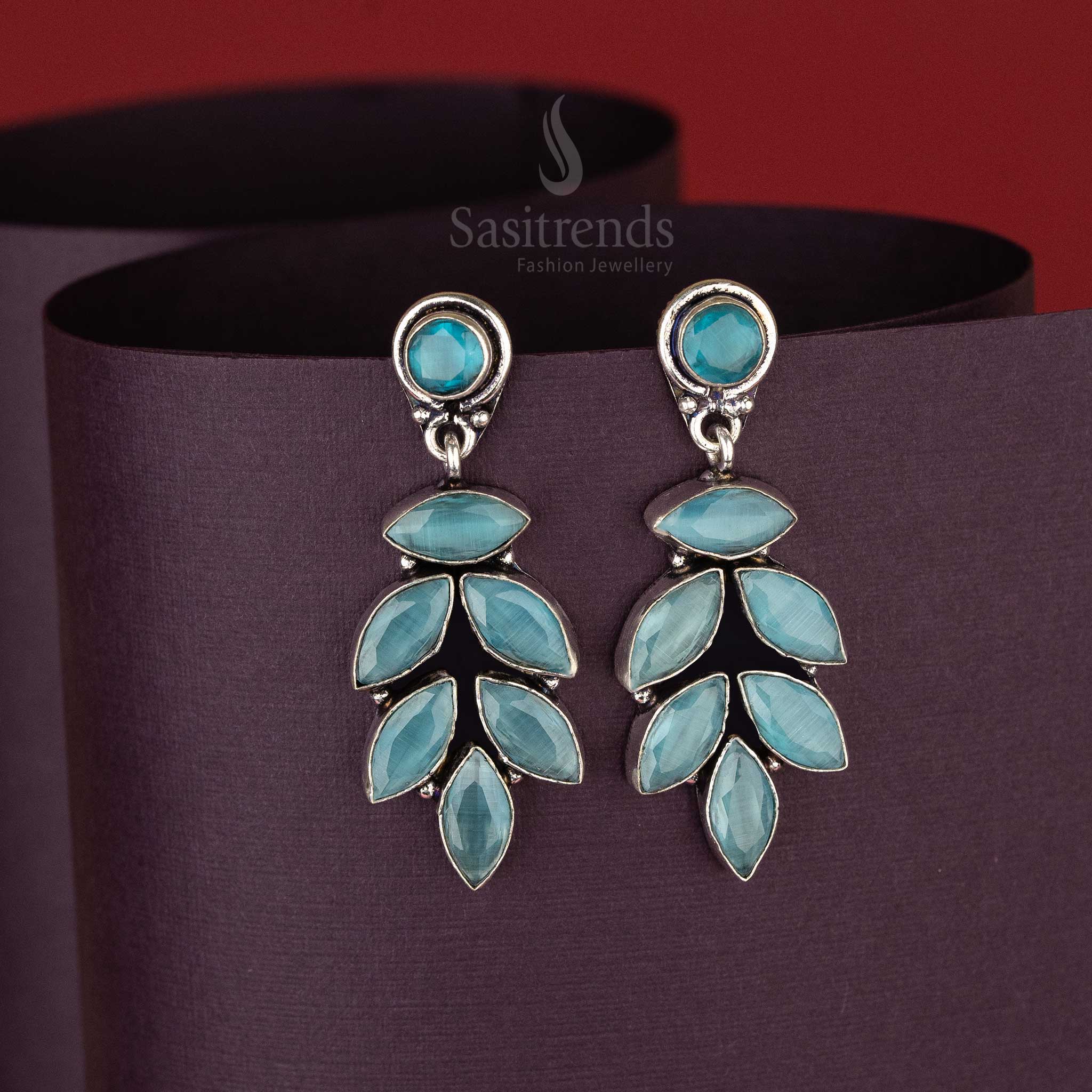 Turquoise Stone Oxidised Earrings with Nature-Inspired Leaf Design – Push Back Fastening