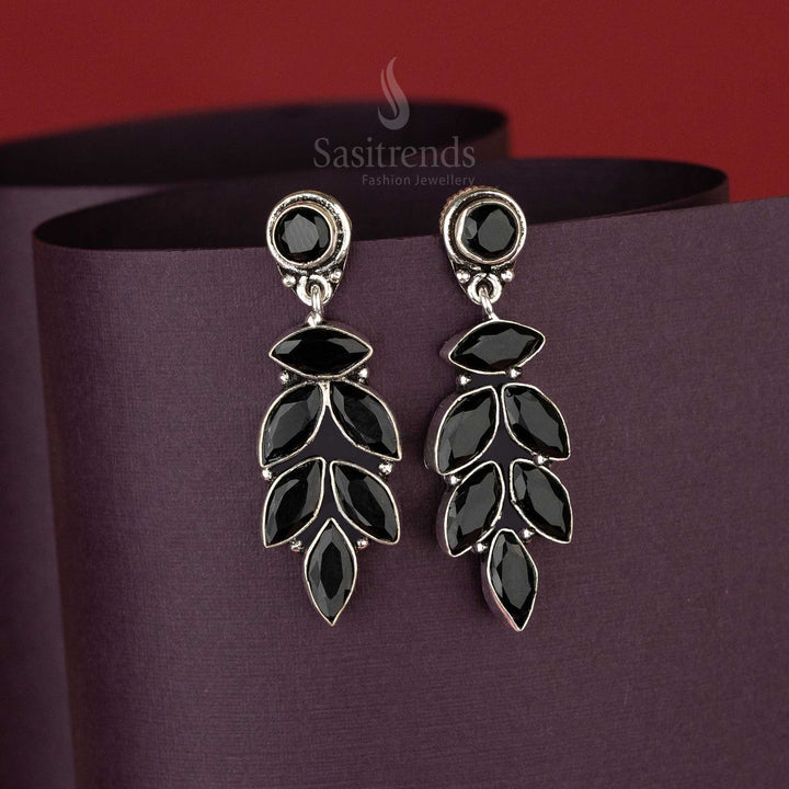 Black Stone Oxidised Earrings in Leaf Drop Design with Vintage Finish – Push Back Style