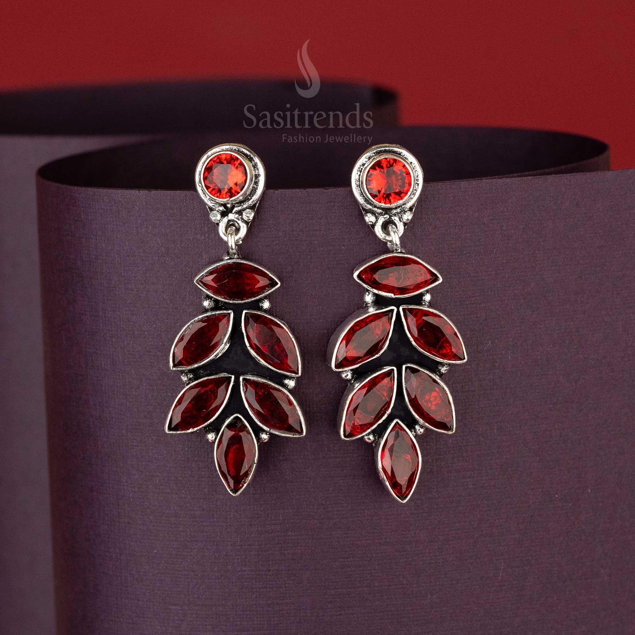 Red Stone Oxidised Earrings with Marquise-Cut Leaf Drop Pattern – Secure Push Back